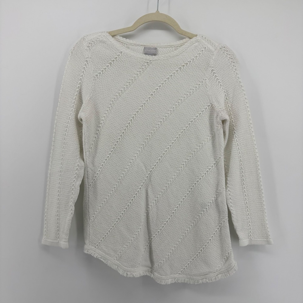 Chico's Womens Size 0 Small White Sweater Pointelle Fringe Hem Boat Neck